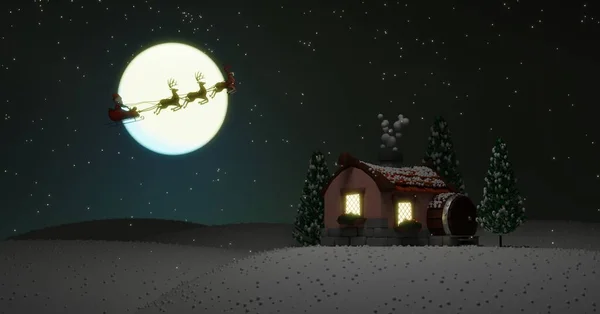 圣诞节快乐 新年快乐 圣诞老人和他的驯鹿都在满月的背景下 下雪城 3D渲染 — 图库照片
