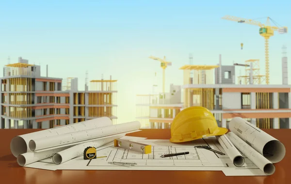 Blue prints with tool and  building under construction background.3D rendering
