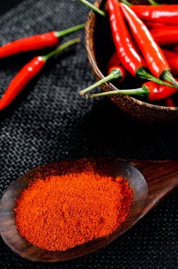Cayenne pepper with red chili on black background.