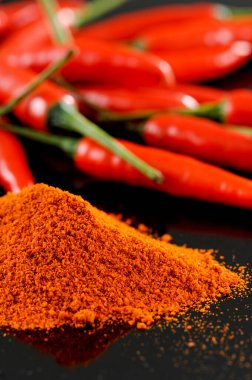 Cayenne pepper with red chili on black background.