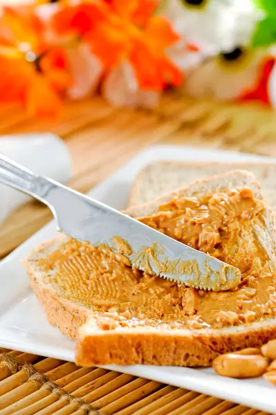Peanut Butter Toast Bread Breakfast Table — Fotografia de Stock