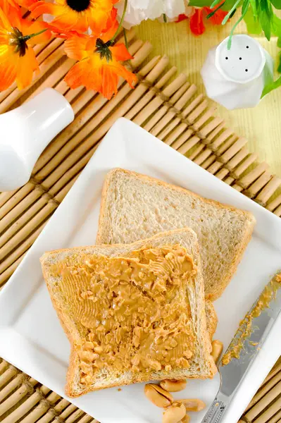 Peanut Butter Toast Bread Breakfast Table — Fotografia de Stock