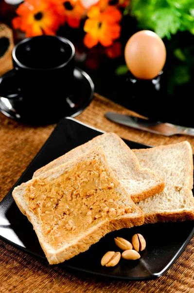 Peanut Butter Toast Bread Soft Boiled Eggs Breakfast Table — Fotografia de Stock