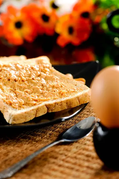 Peanut Butter Toast Bread Soft Boiled Eggs Breakfast Table — Fotografia de Stock