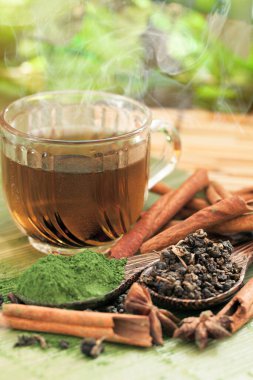 Yeşil çay ve bir kaşık kuru yeşil çay yaprağı.