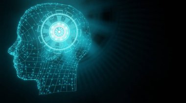 Yapay zeka. 3D işlemeli devre kartı olan insan kafası ana hatları
