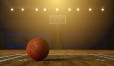 Tahta zemin üzerinde basketbol topu ve tribünler ve arka planda bulanık 3D yansıtmalı ışıklar olan spor arenası..