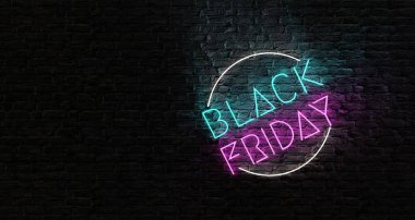 Black Friday neon sign on the black brick wall background.3D rendering clipart