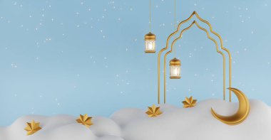 Bulutlarda ve yıldızlarda yarım ay ile gece gökyüzü arkaplanı. Vektör illüstrasyonu