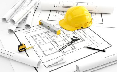 Dekoratör beyaz masa çalışma alanı üzerine mimari düz proje planı ve ofis malzemeleri kumaş araçları ve 3D donanım