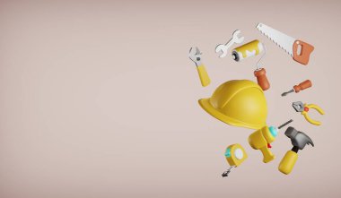 İçinde alet sandığı ve el aletleri olan alet çantası seti. 3D görüntüleme.