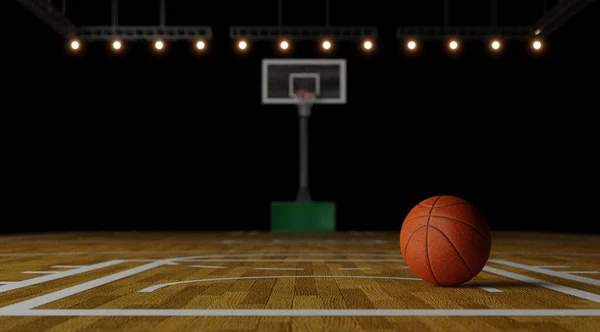 Basketball Ball Wooden Floor Sport Arena Tribunes Lights Blurred Background — Stock Photo, Image