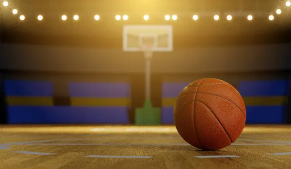 Tahta zeminde basketbol topu ve arka planda bulanık ışıklar ve tribünlerle spor salonu.