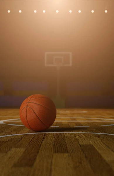 Tahta Zeminde Basketbol Topu Arka Planda Bulanık Işıklar Tribünlerle Spor — Stok fotoğraf