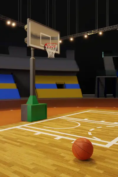 在木制地板上的篮球和在模糊的背景中带有三脚架和灯光的体育场 — 图库照片