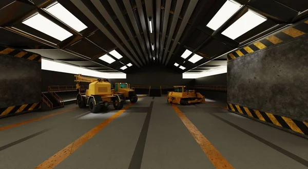 Grader is being repaired in an industrial garage.3D rendering