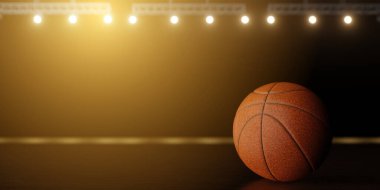 Tahta zeminde basketbol topu ve arka planda bulanık ışıklar ve tribünlerle spor salonu.