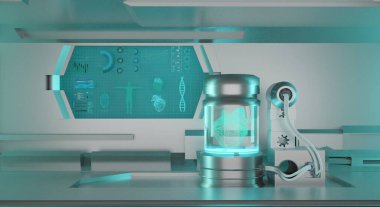 Kalp teli araştırması ve elde edilen verilerle HUD arayüzü ve hologramı olan gelecekteki bir laboratuvarda tam bir analiz.