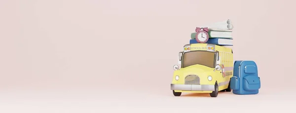 School bus cartoon characters with books and school stuff on  background 3D Rendering.