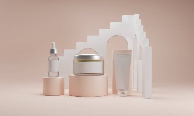Kozmetik ürün modellemeleri ve kozmetik 3D oluşturma sunumu için arka plan ile geometrik