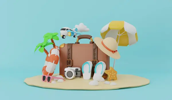 Time to travel concept  in 3d cartoon style with suitcase and travel accessory.3D rendering