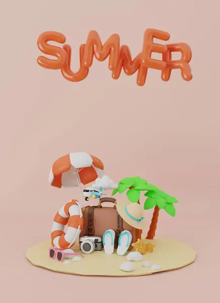 Summer time to travel concept  in 3d cartoon style with suitcase and travel accessory.3D rendering