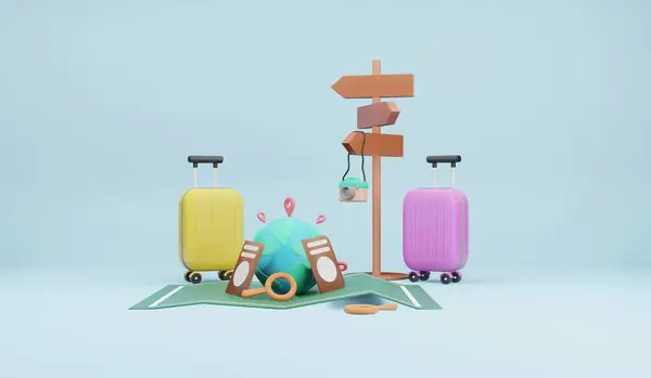 Ideje Utazni Koncepció Rajzfilm Stílusban Bőrönd Utazási Tartozék Renderelés Stock Kép