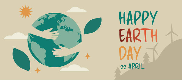 happy earth day concept, human hands hugh planet globe for environment care, save the world banner background, vector flat illustration 