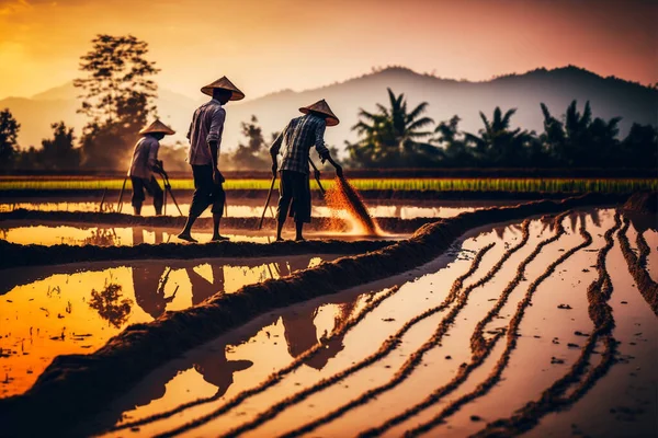 Farmers are sowing rice seeds in the paddy fields.