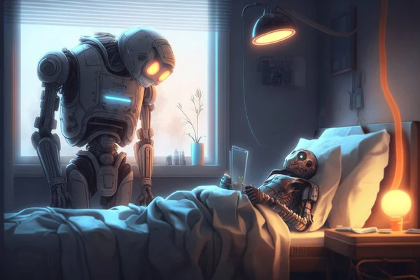 The robotic doctor is inquiring about the illness of the robot lying on the patient\'s bed.
