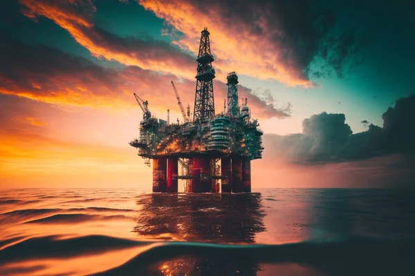 crude oil rig large in the middle of the ocean beautiful sun light