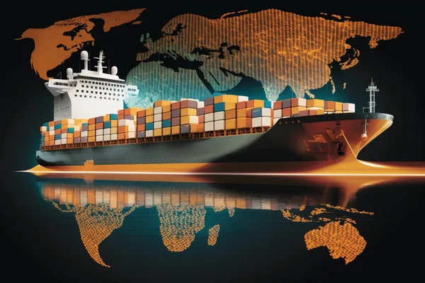 Cargo ship on the background of the world map. Logistics and cargo transportation