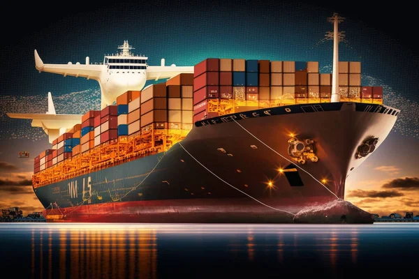 Cargo ship on the background of the world map. Logistics and cargo transportation
