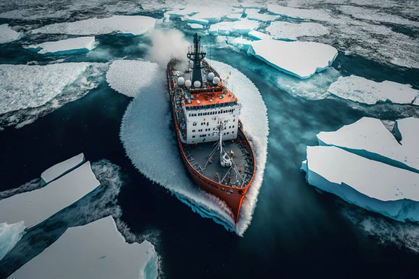 Icebreaker ship on the ice in the sea
