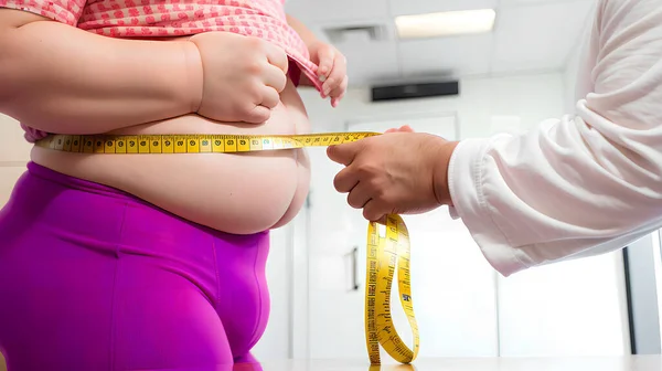 Männlicher Arzt Misst Taille Übergewichtiger Jungen Klinik Generative — Stockfoto