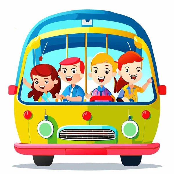 Bus Sekolah Dengan Anak Bahagia - Stok Vektor