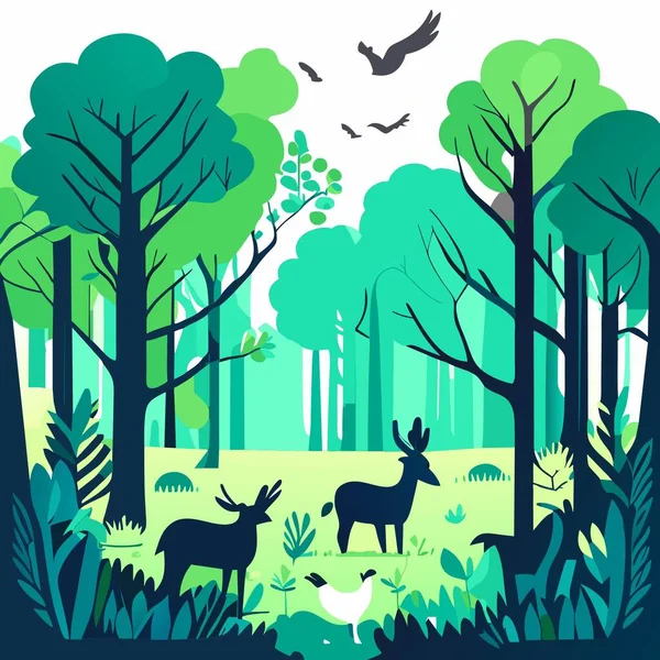 Lövskog Med Fåglar Och Rådjur — Stock vektor