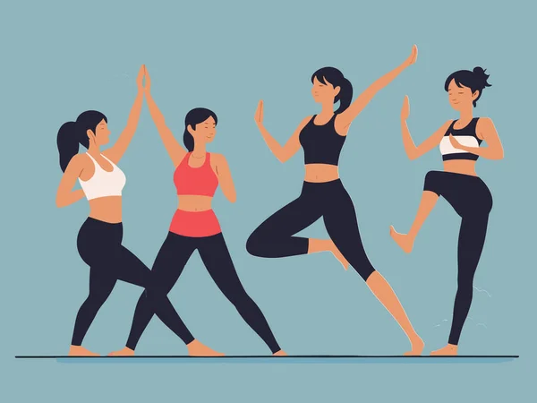 Les Filles Pratiquent Yoga Quatre Poses Yoga — Image vectorielle