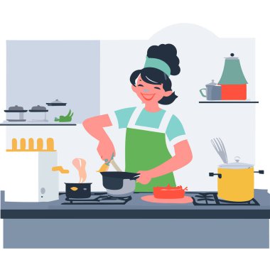 Yemek pişiren ve hazırlayan kadın, aşçılık atölyesindeki düz insanlar, vektör konsepti..