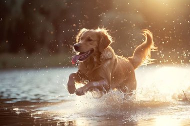 Golden retriever köpeği suyla oynuyor.