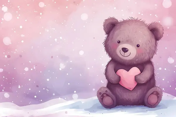 A sweet illustration for Valentine\'s Day featuring a lovable purple bear holding a pink heart amidst a whimsical, floral setting.