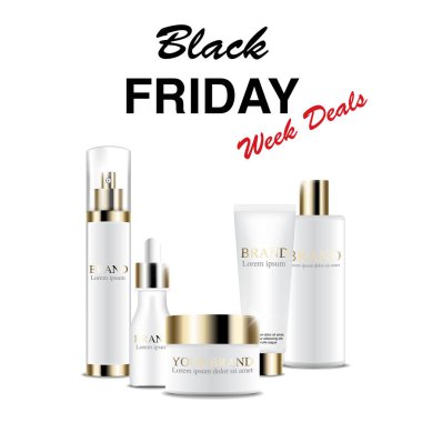 Kara Cuma alışveriş kozmetik set konsepti. 3D illüstrasyon ve EPS10 Vektörü. Yüz köpüğü ve kremi, serum, sprey şişesi..