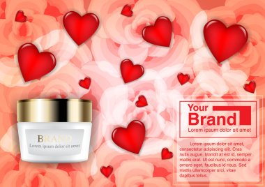 Kozmetik reklam sevgililer günü konsepti. Lüks krem maketi. 3D illüstrasyon ve EPS10 Vektörü. Pankart, web sitesi, şablon, broşür, poster ve diğer tasarım için kullan. 