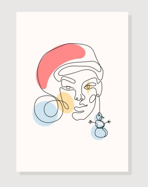 Modern soyut çizgi minimalist kadınlar, kardan adamla birlikte sanatla yüzleşiyorlar. Yeni yıl kartpostalı ya da broşür kapağı tasarımı. Mutlu Noeller ve mutlu yıllar konsepti. Vektör illüstrasyon kavramı