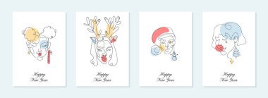 Yeni yıl afişi. Modern soyut çizgi minimalist kadınlar, duvar dekorasyonu, kartpostal veya broşür kapağı tasarımı için farklı şekillerde sanat eserleriyle karşılaşıyorlar. Vektör çizimleri tasarımı