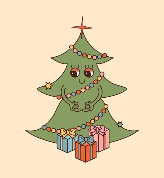 Groovy Sapin Noël Avec Cadeau Mignon Caractère Plat Objet Dessin — Image vectorielle