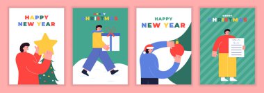 Sevimli karakterli bir Noel posteri. İnsanlar ve Noel ağacı, hediye, oyuncak ve Noel Baba 'ya mektup. Yıldızlı mutlu insanlar. Mutlu yıllar konsepti. Vektör illüstrasyon kavramı