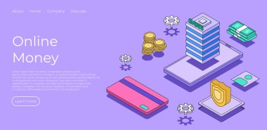 Çevrimiçi para kavramı. Akıllı telefon konseptinde banka. İzometrik vektör tasarımlı cep telefonuyla para transferi. Kredi kartıyla güvenlik işlemi. Vektör illüstrasyon kavramı