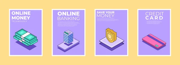 Geld Thema Isometrisches Plakat Online Geld Banking Geld Sparen Kreditkarte — Stockvektor