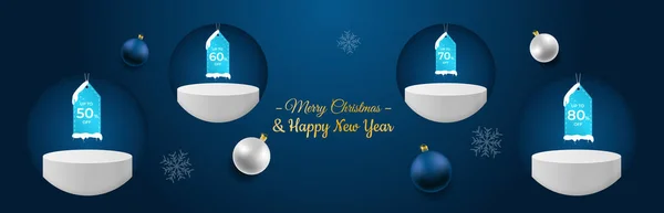 İndirimli Noel podim seti. Terfi için silindirik podyumu olan bir Noel arkaplanı. Arkaplanda kış ürünleri podyumu, kar taneleri ve kar. Vektör illüstrasyonu